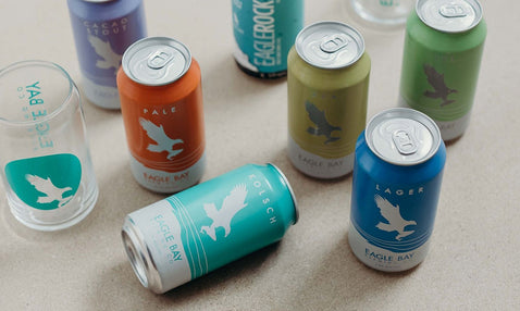 The beer can lineup at Eagle Bay Brewing Co