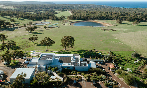 Ariel view of the Eagle Bay Brewing Co brewery, farmland and ocean